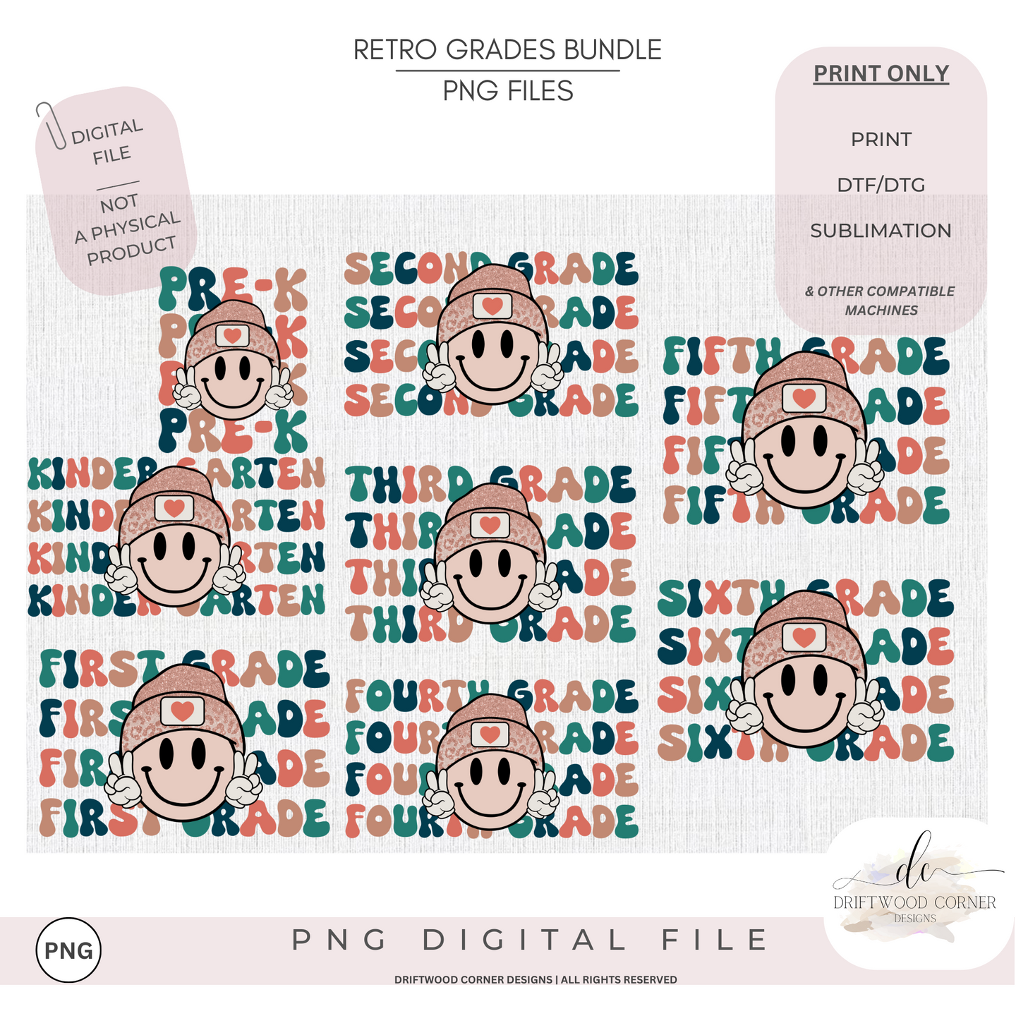 Smiley Beanie Hat Grades Pre-K-6 Retro PNG Graphic Bundle